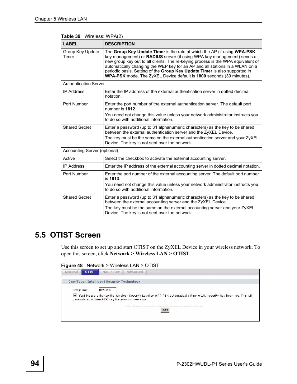 5 otist screen, Figure 48 network > wireless lan > otist, 94 5.5 otist screen | ZyXEL Communications P-2302HWUDL-P1 Series User Manual | Page 94 / 368
