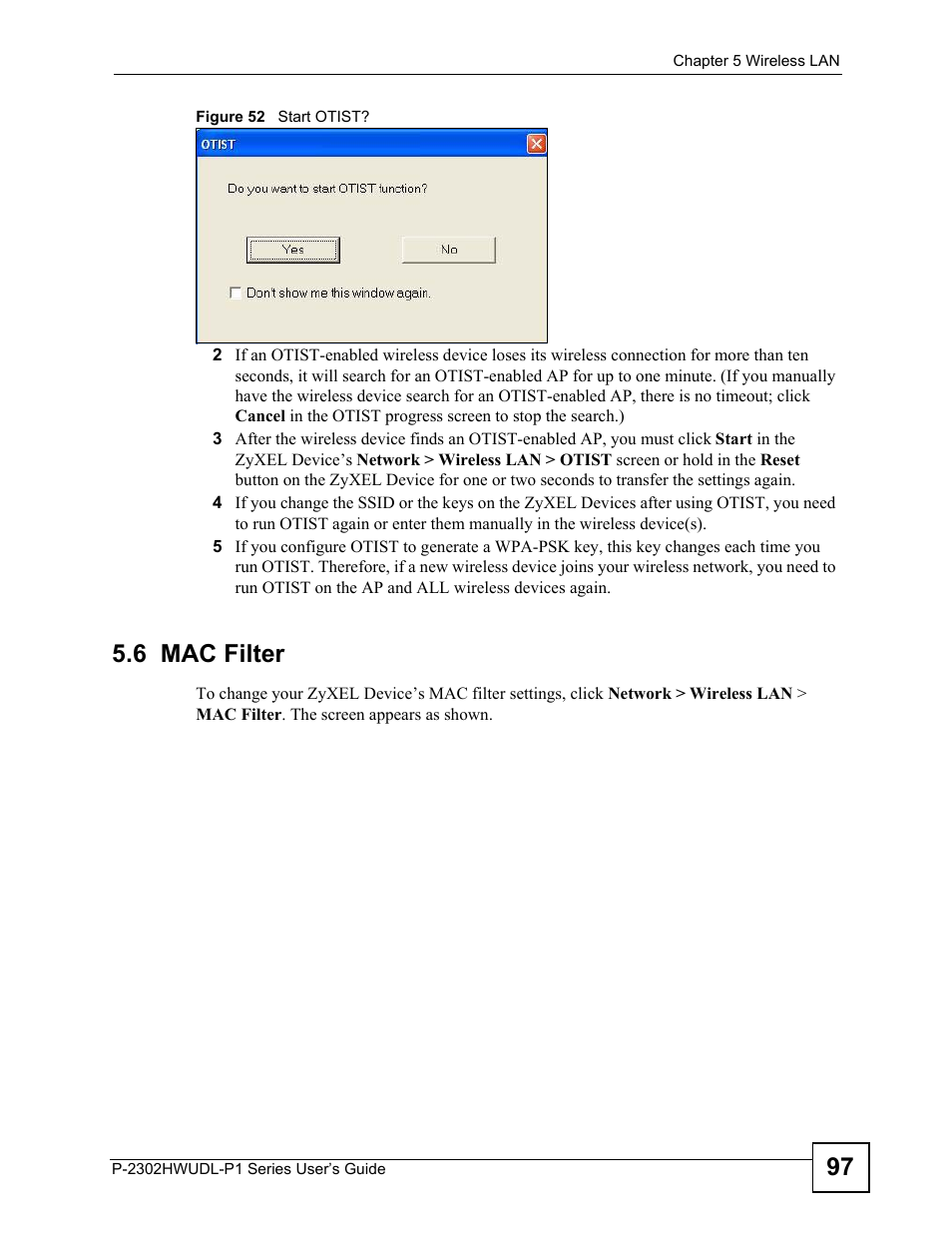 6 mac filter, Figure 52 start otist | ZyXEL Communications P-2302HWUDL-P1 Series User Manual | Page 97 / 368