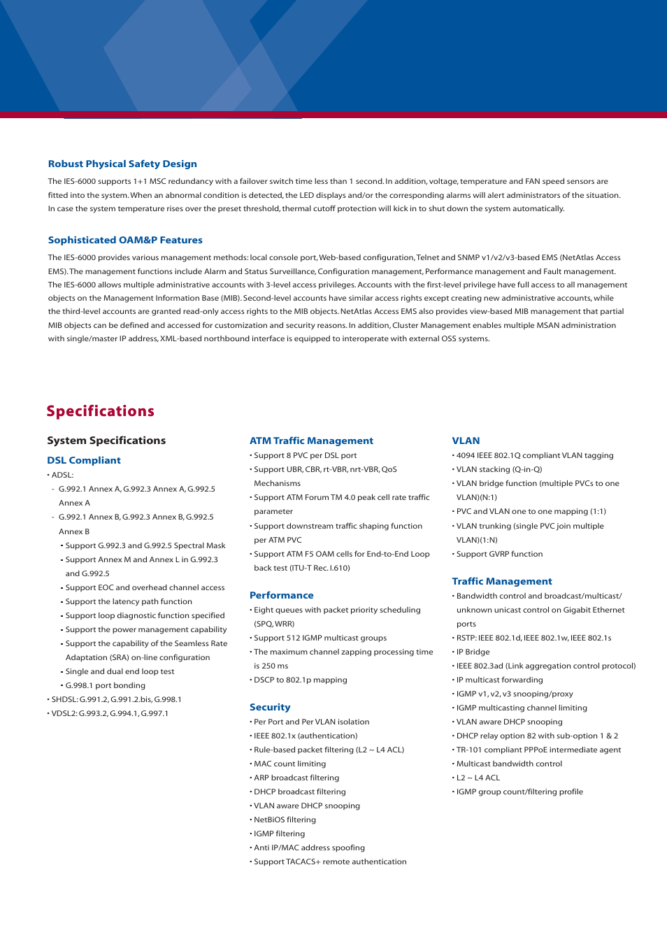 Specifications, System specifications | ZyXEL Communications IES-1000 User Manual | Page 2 / 6