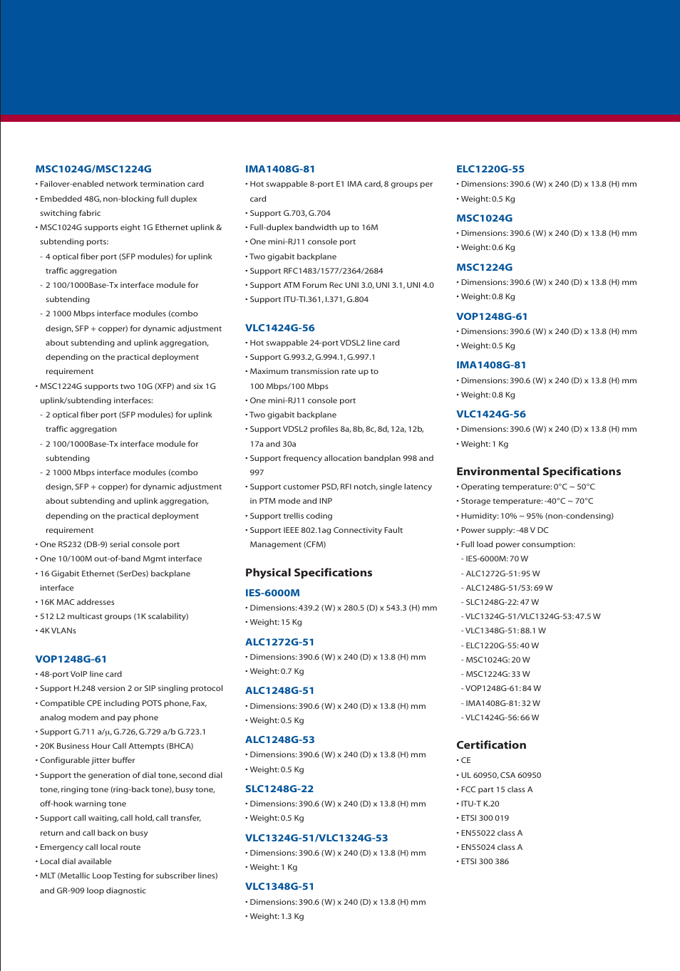 Physical specifications, Environmental specifications, Certification | ZyXEL Communications IES-1000 User Manual | Page 4 / 6