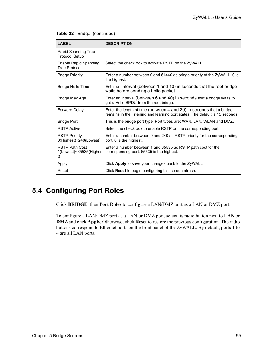 4 configuring port roles | ZyXEL Communications ZyXEL ZyWALL 5 User Manual | Page 100 / 667