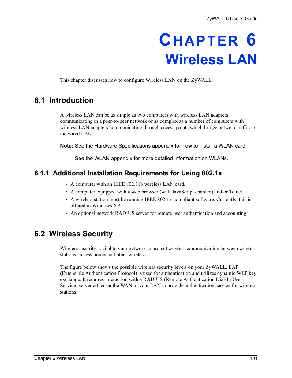 Wireless lan, 1 introduction, 2 wireless security | Chapter 6 wireless lan | ZyXEL Communications ZyXEL ZyWALL 5 User Manual | Page 102 / 667