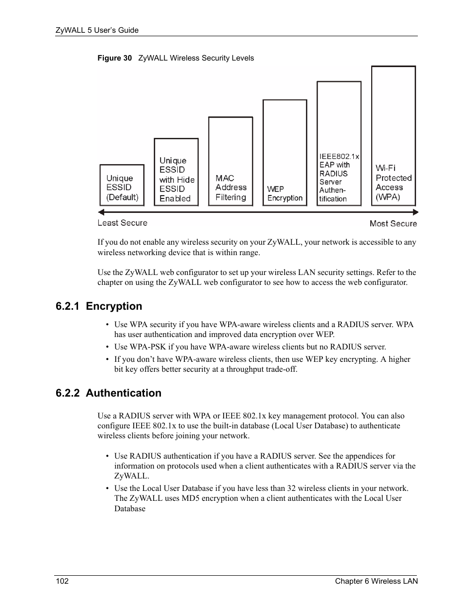 1 encryption, 2 authentication, 1 encryption 6.2.2 authentication | Figure 30 zywall wireless security levels | ZyXEL Communications ZyXEL ZyWALL 5 User Manual | Page 103 / 667