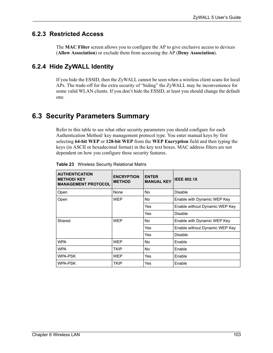 3 restricted access, 4 hide zywall identity, 3 security parameters summary | 3 restricted access 6.2.4 hide zywall identity, Table 23 wireless security relational matrix | ZyXEL Communications ZyXEL ZyWALL 5 User Manual | Page 104 / 667