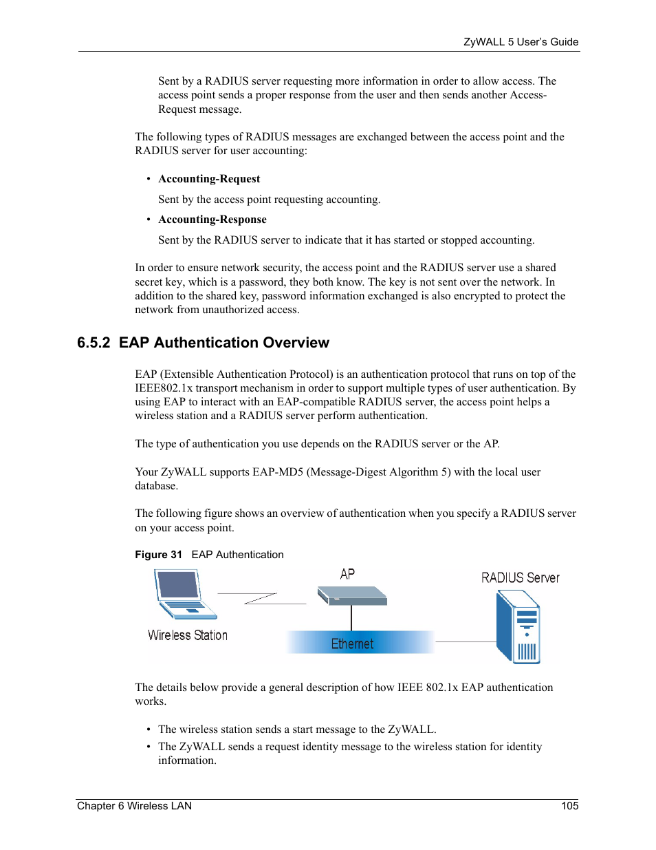 2 eap authentication overview, Figure 31 eap authentication | ZyXEL Communications ZyXEL ZyWALL 5 User Manual | Page 106 / 667