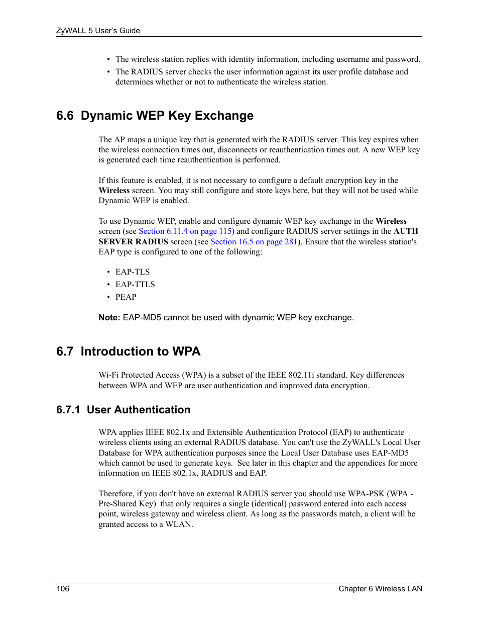 6 dynamic wep key exchange, 7 introduction to wpa, 1 user authentication | 6 dynamic wep key exchange 6.7 introduction to wpa | ZyXEL Communications ZyXEL ZyWALL 5 User Manual | Page 107 / 667