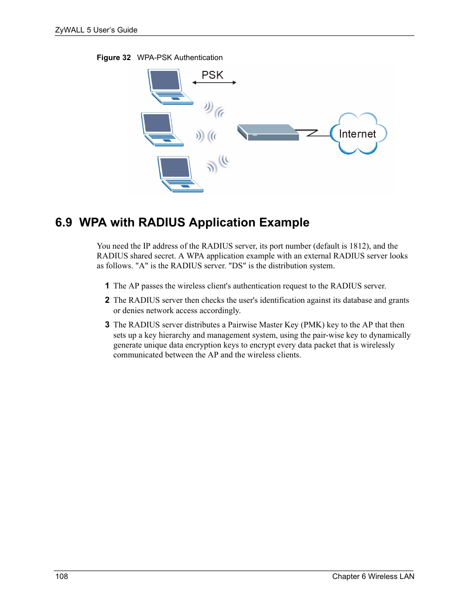 9 wpa with radius application example, Figure 32 wpa-psk authentication | ZyXEL Communications ZyXEL ZyWALL 5 User Manual | Page 109 / 667