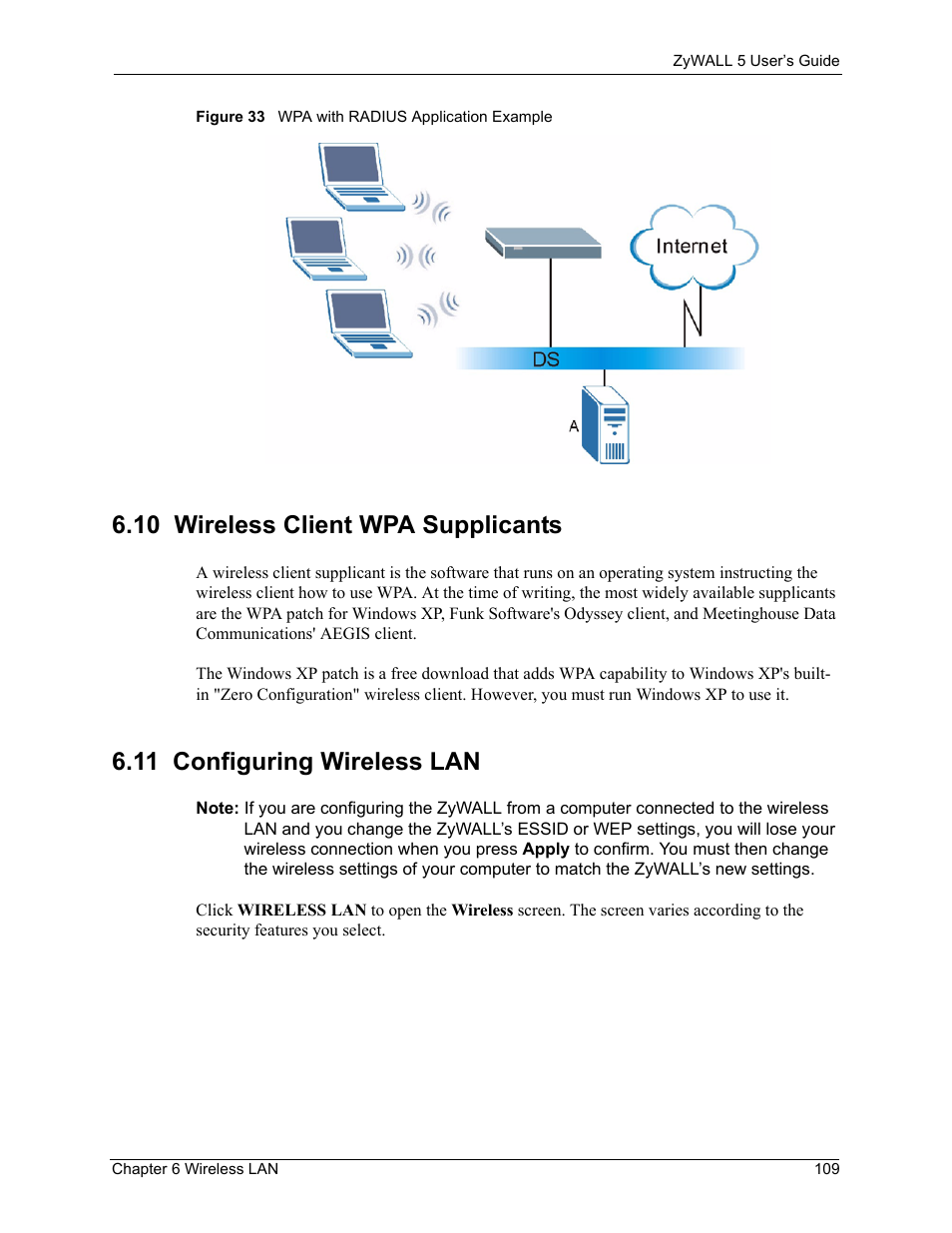 10 wireless client wpa supplicants, 11 configuring wireless lan, Figure 33 wpa with radius application example | ZyXEL Communications ZyXEL ZyWALL 5 User Manual | Page 110 / 667