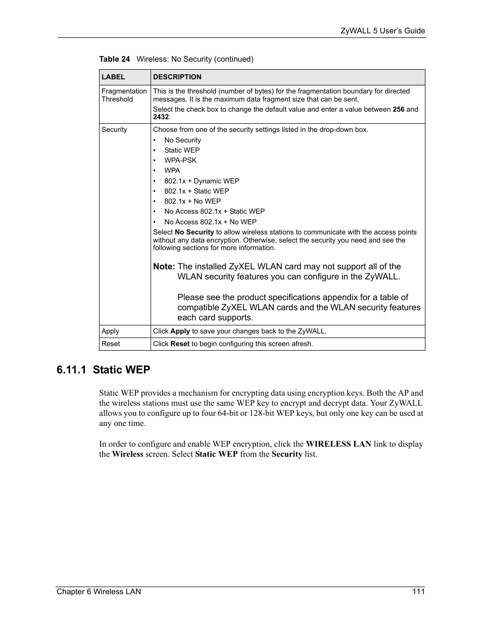 1 static wep | ZyXEL Communications ZyXEL ZyWALL 5 User Manual | Page 112 / 667