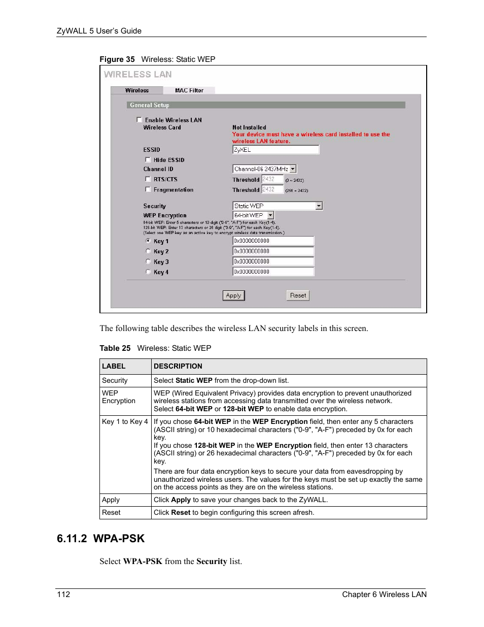 2 wpa-psk, Figure 35 wireless: static wep, Table 25 wireless: static wep | ZyXEL Communications ZyXEL ZyWALL 5 User Manual | Page 113 / 667