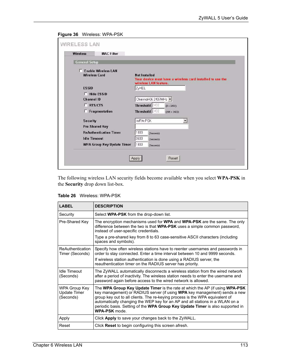 Figure 36 wireless: wpa-psk, Table 26 wireless: wpa-psk | ZyXEL Communications ZyXEL ZyWALL 5 User Manual | Page 114 / 667