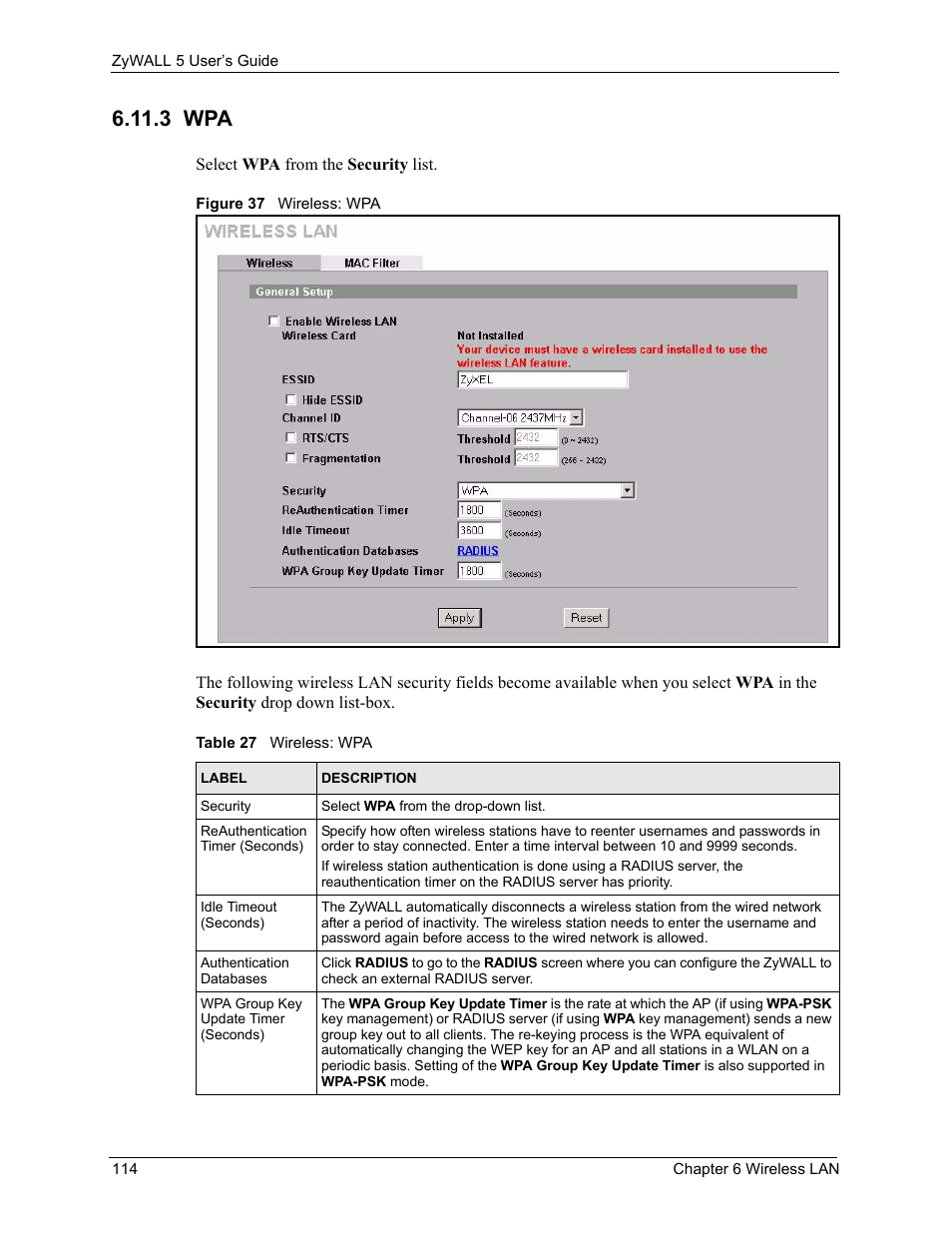 3 wpa, Figure 37 wireless: wpa, Table 27 wireless: wpa | ZyXEL Communications ZyXEL ZyWALL 5 User Manual | Page 115 / 667