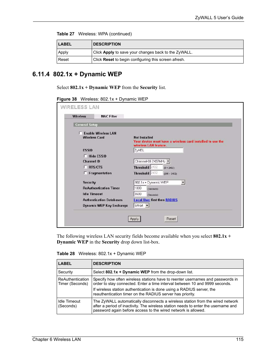 4 802.1x + dynamic wep, Figure 38 wireless: 802.1x + dynamic wep, Table 28 wireless: 802.1x + dynamic wep | ZyXEL Communications ZyXEL ZyWALL 5 User Manual | Page 116 / 667