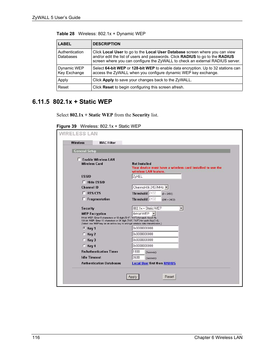 5 802.1x + static wep, Figure 39 wireless: 802.1x + static wep | ZyXEL Communications ZyXEL ZyWALL 5 User Manual | Page 117 / 667