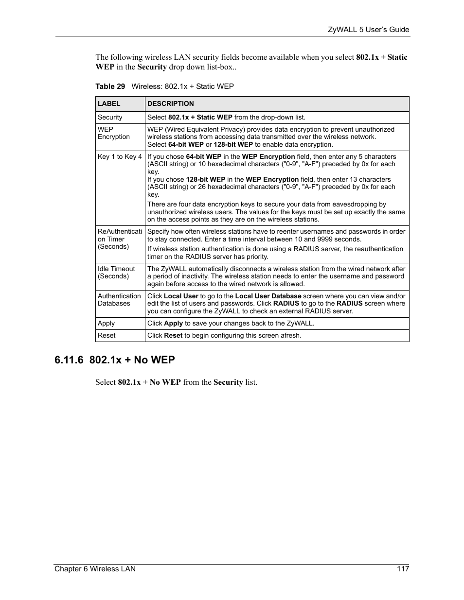 6 802.1x + no wep, Table 29 wireless: 802.1x + static wep | ZyXEL Communications ZyXEL ZyWALL 5 User Manual | Page 118 / 667