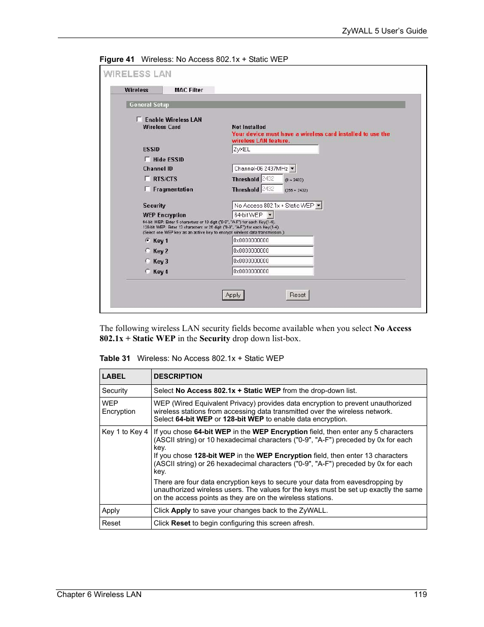 Figure 41 wireless: no access 802.1x + static wep, Table 31 wireless: no access 802.1x + static wep | ZyXEL Communications ZyXEL ZyWALL 5 User Manual | Page 120 / 667