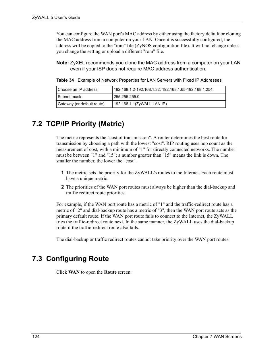 2 tcp/ip priority (metric), 3 configuring route, 2 tcp/ip priority (metric) 7.3 configuring route | ZyXEL Communications ZyXEL ZyWALL 5 User Manual | Page 125 / 667