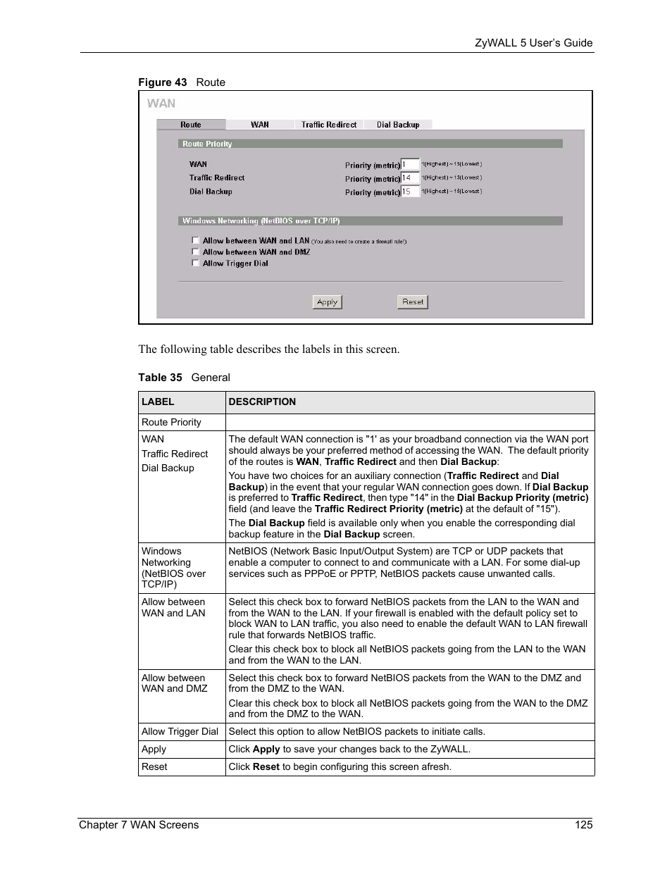 Figure 43 route, Table 35 general | ZyXEL Communications ZyXEL ZyWALL 5 User Manual | Page 126 / 667