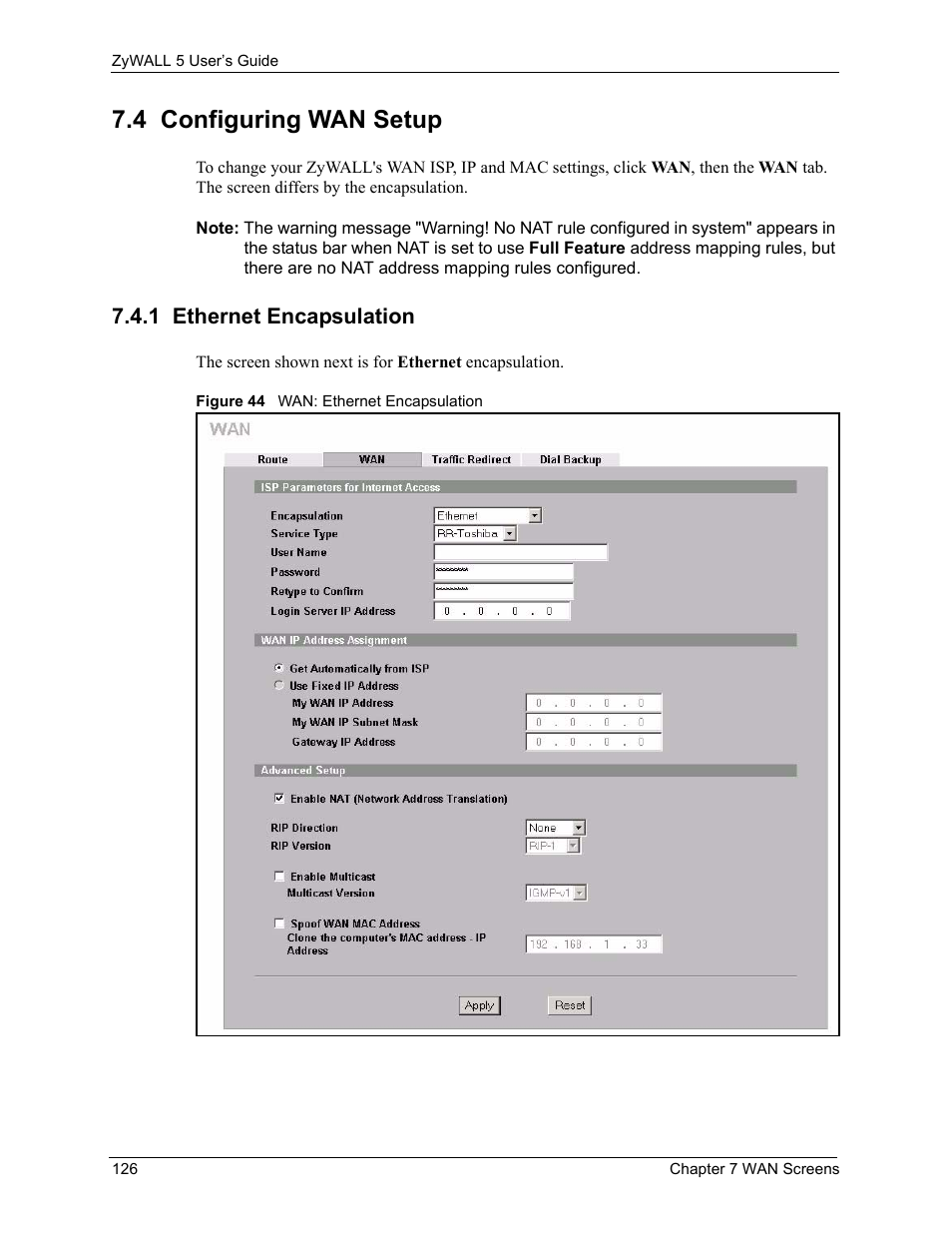 4 configuring wan setup, 1 ethernet encapsulation, Figure 44 wan: ethernet encapsulation | ZyXEL Communications ZyXEL ZyWALL 5 User Manual | Page 127 / 667