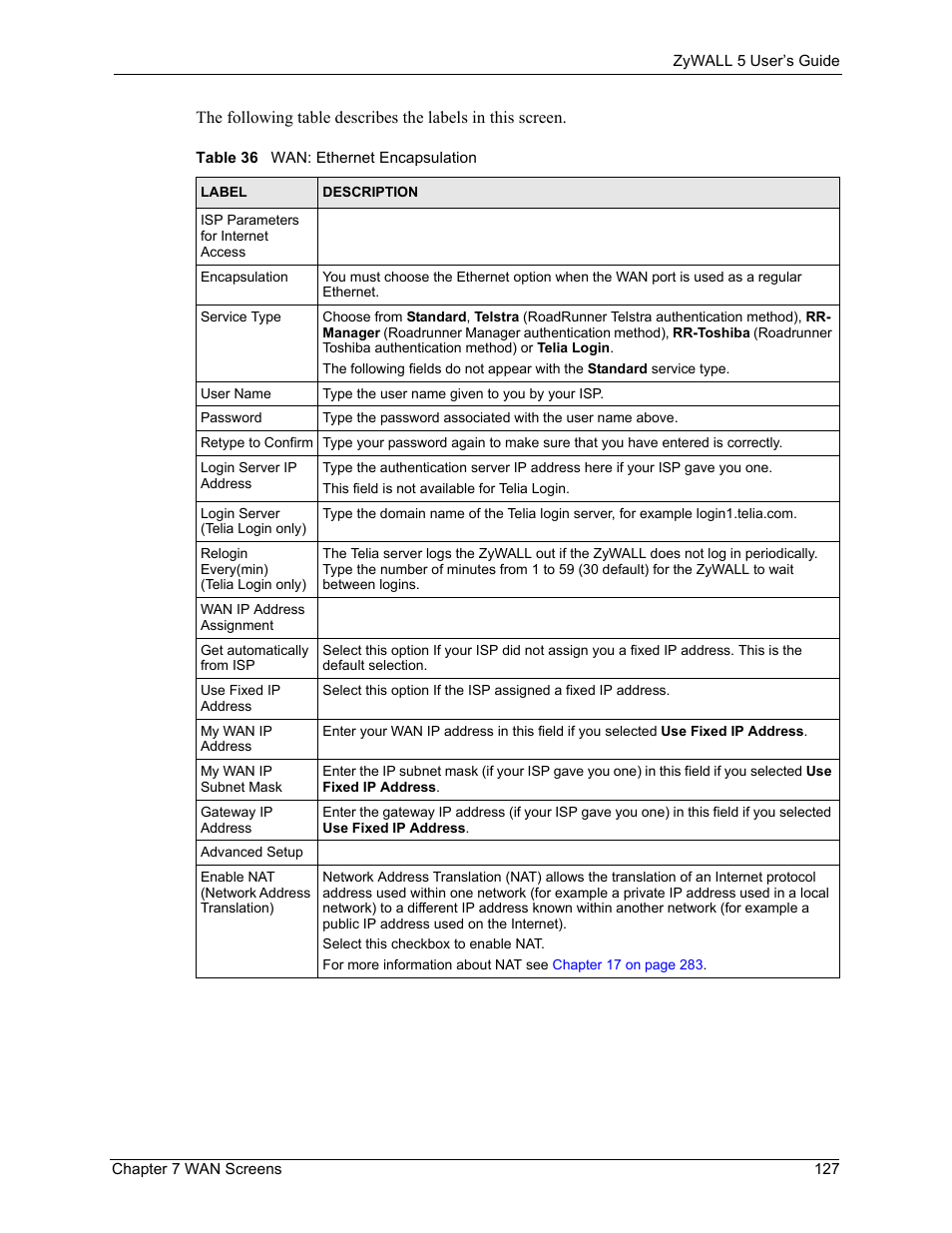 Table 36 wan: ethernet encapsulation | ZyXEL Communications ZyXEL ZyWALL 5 User Manual | Page 128 / 667