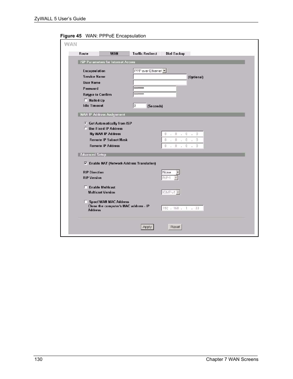 Figure 45 wan: pppoe encapsulation | ZyXEL Communications ZyXEL ZyWALL 5 User Manual | Page 131 / 667