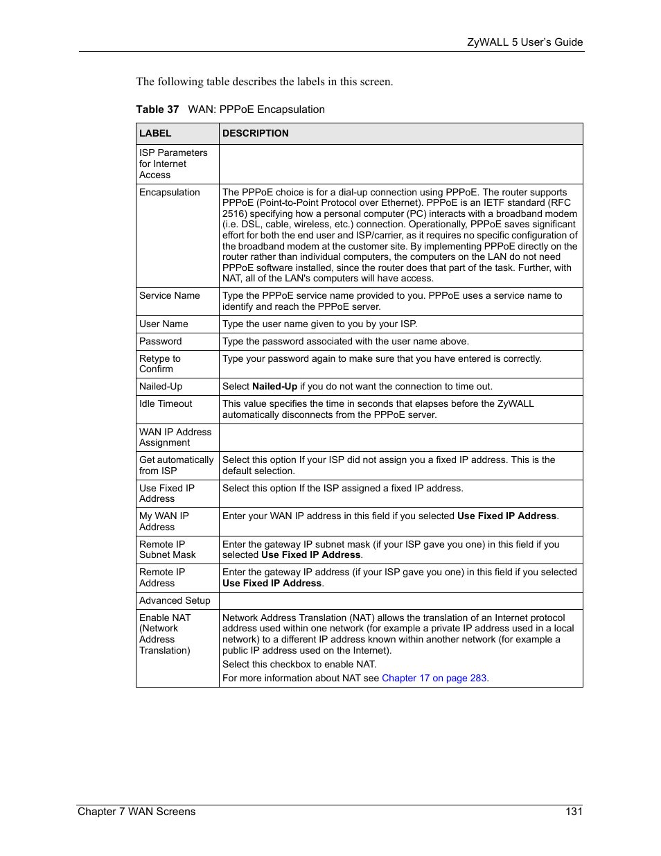 Table 37 wan: pppoe encapsulation | ZyXEL Communications ZyXEL ZyWALL 5 User Manual | Page 132 / 667