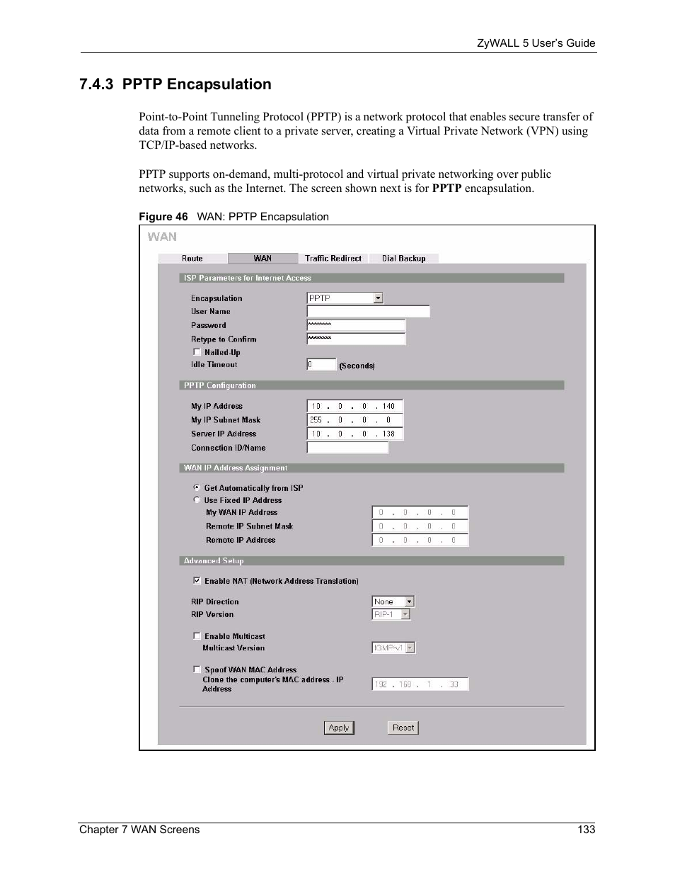 3 pptp encapsulation, Figure 46 wan: pptp encapsulation | ZyXEL Communications ZyXEL ZyWALL 5 User Manual | Page 134 / 667