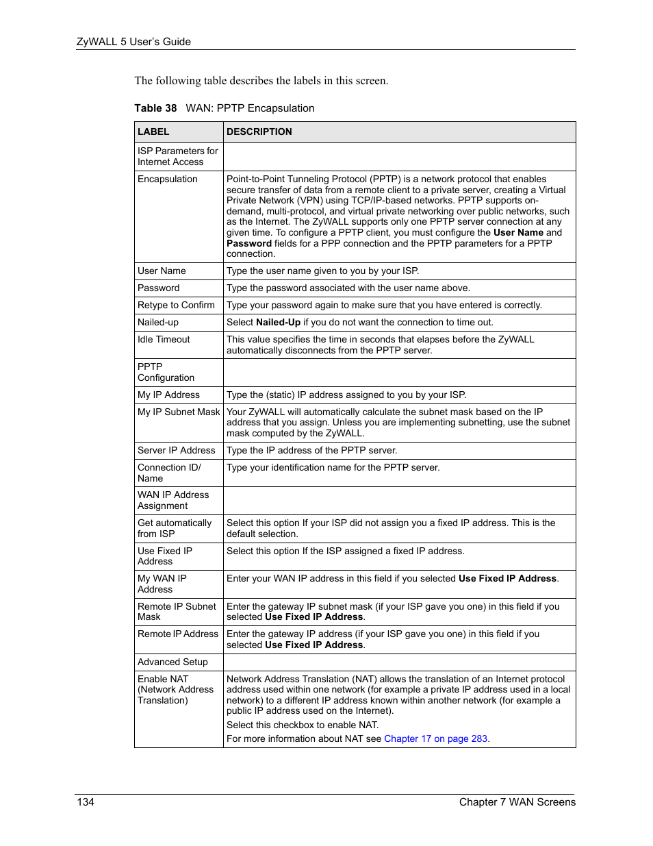 Table 38 wan: pptp encapsulation | ZyXEL Communications ZyXEL ZyWALL 5 User Manual | Page 135 / 667