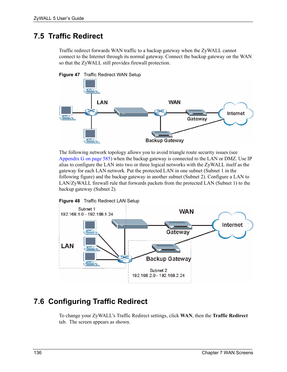 5 traffic redirect, 6 configuring traffic redirect | ZyXEL Communications ZyXEL ZyWALL 5 User Manual | Page 137 / 667