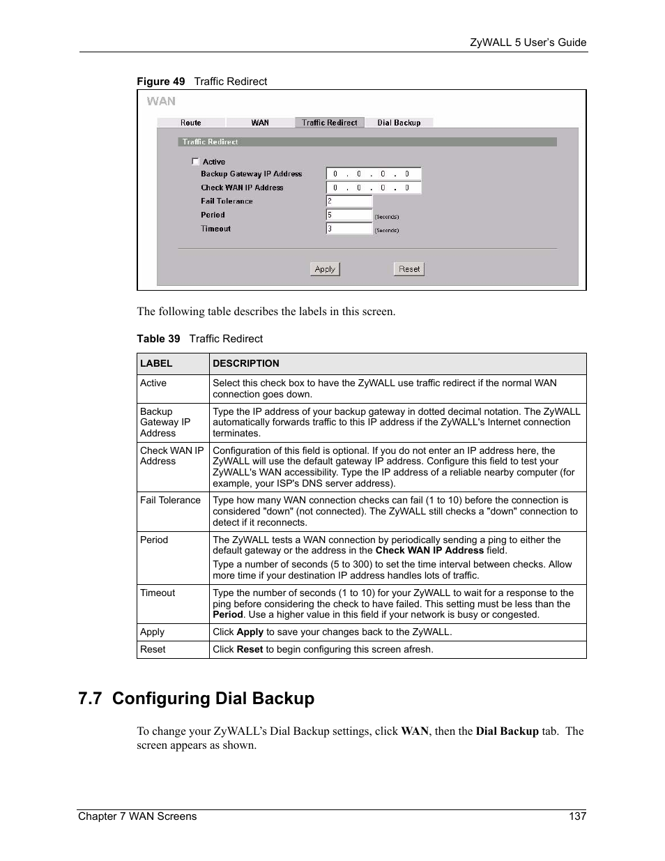 7 configuring dial backup, Figure 49 traffic redirect, Table 39 traffic redirect | ZyXEL Communications ZyXEL ZyWALL 5 User Manual | Page 138 / 667