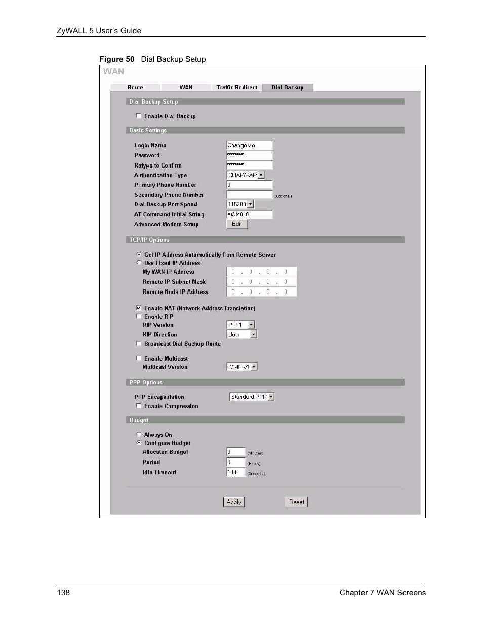 Figure 50 dial backup setup | ZyXEL Communications ZyXEL ZyWALL 5 User Manual | Page 139 / 667