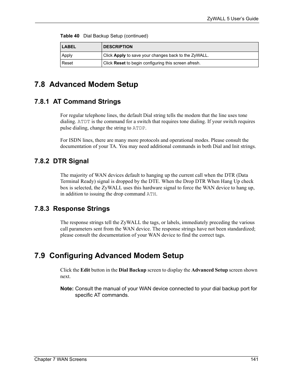 8 advanced modem setup, 1 at command strings, 2 dtr signal | 3 response strings, 9 configuring advanced modem setup | ZyXEL Communications ZyXEL ZyWALL 5 User Manual | Page 142 / 667