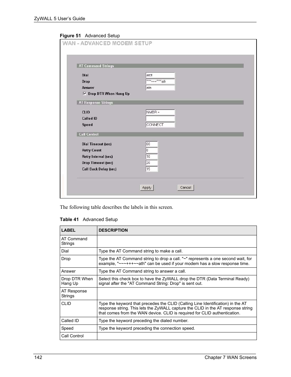 Figure 51 advanced setup, Table 41 advanced setup | ZyXEL Communications ZyXEL ZyWALL 5 User Manual | Page 143 / 667