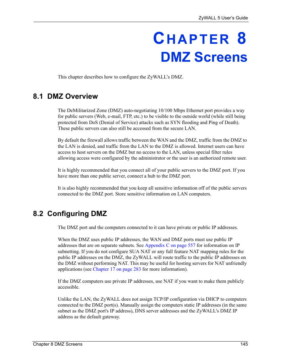 Dmz screens, 1 dmz overview, 2 configuring dmz | Chapter 8 dmz screens, 1 dmz overview 8.2 configuring dmz | ZyXEL Communications ZyXEL ZyWALL 5 User Manual | Page 146 / 667