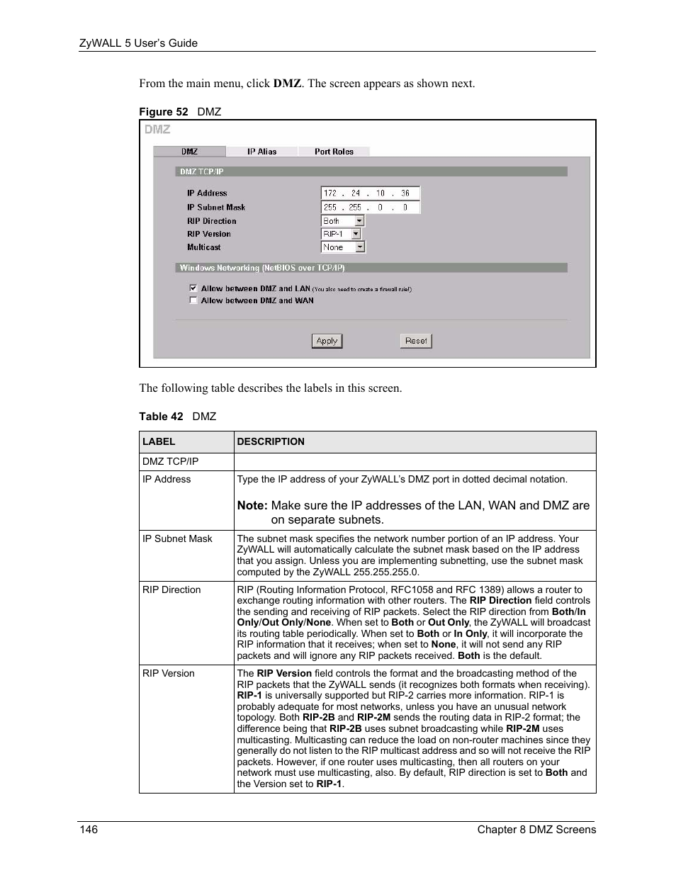 Figure 52 dmz, Table 42 dmz | ZyXEL Communications ZyXEL ZyWALL 5 User Manual | Page 147 / 667