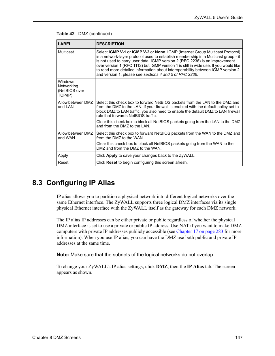 3 configuring ip alias | ZyXEL Communications ZyXEL ZyWALL 5 User Manual | Page 148 / 667