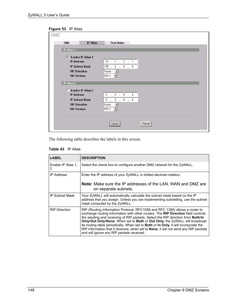 Figure 53 ip alias, Table 43 ip alias | ZyXEL Communications ZyXEL ZyWALL 5 User Manual | Page 149 / 667