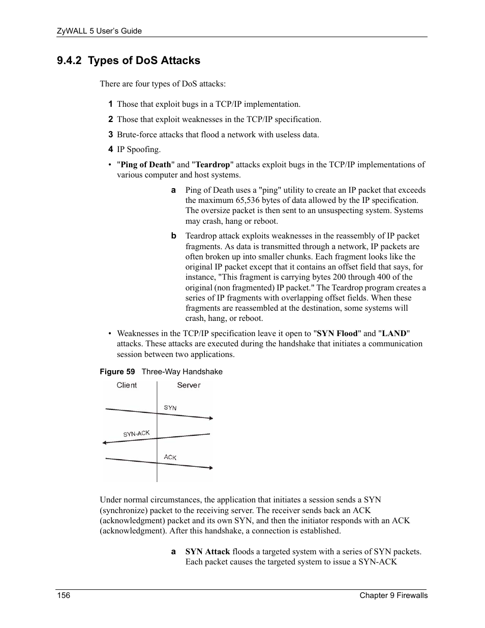 2 types of dos attacks, Figure 59 three-way handshake | ZyXEL Communications ZyXEL ZyWALL 5 User Manual | Page 157 / 667