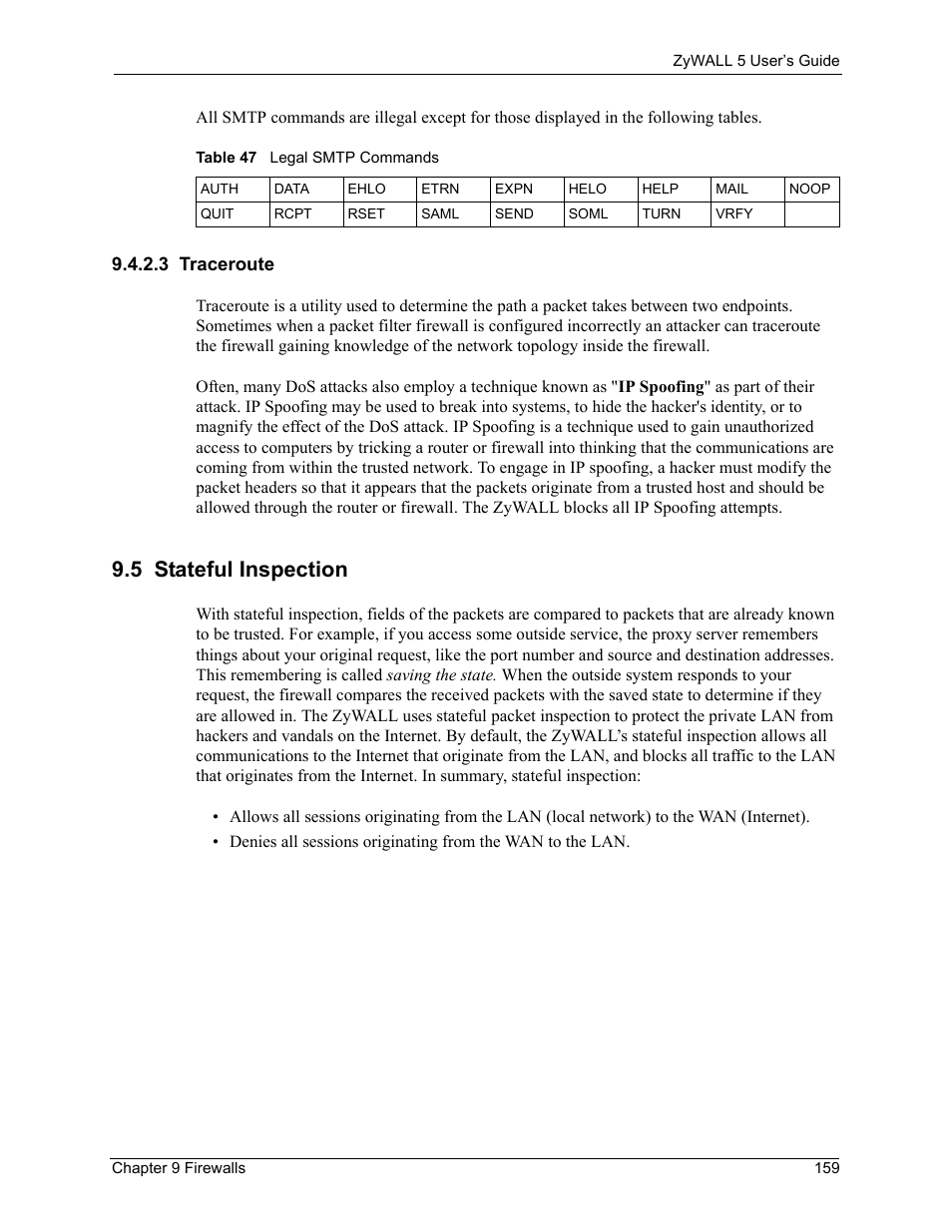 3 traceroute, 5 stateful inspection, Table 47 legal smtp commands | ZyXEL Communications ZyXEL ZyWALL 5 User Manual | Page 160 / 667