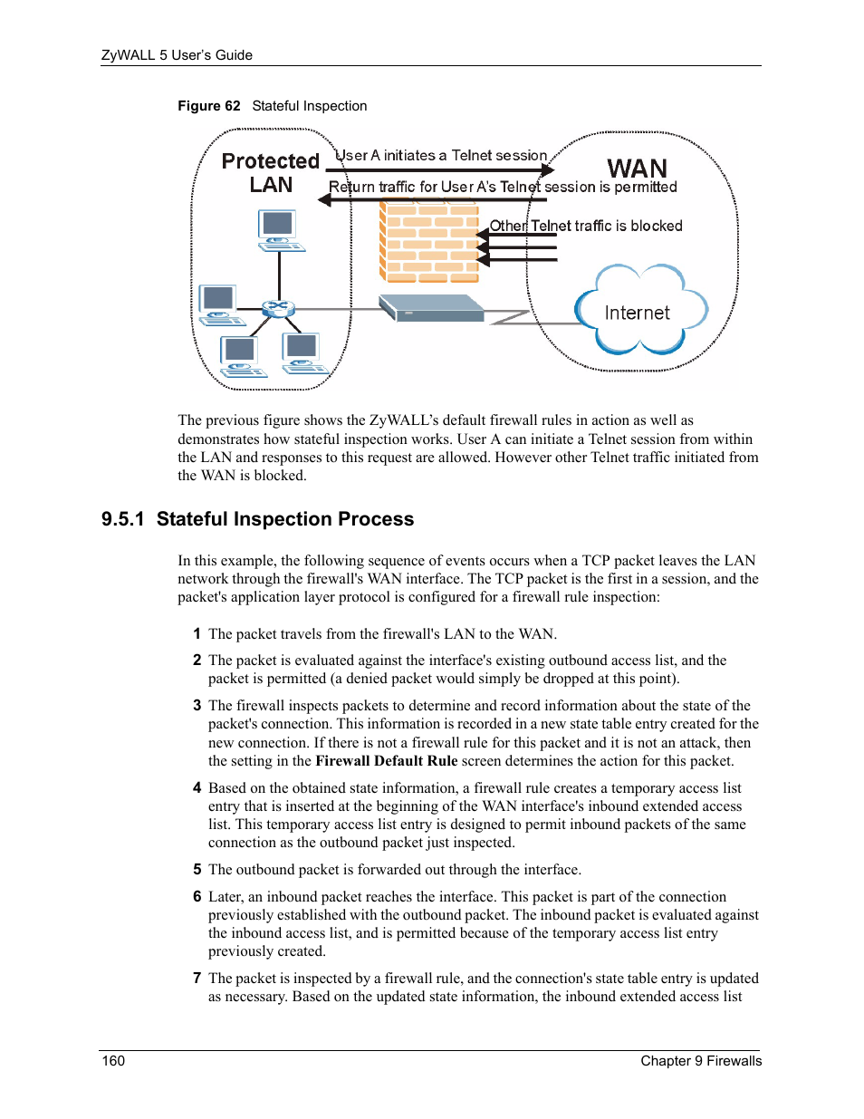 1 stateful inspection process, Figure 62 stateful inspection | ZyXEL Communications ZyXEL ZyWALL 5 User Manual | Page 161 / 667