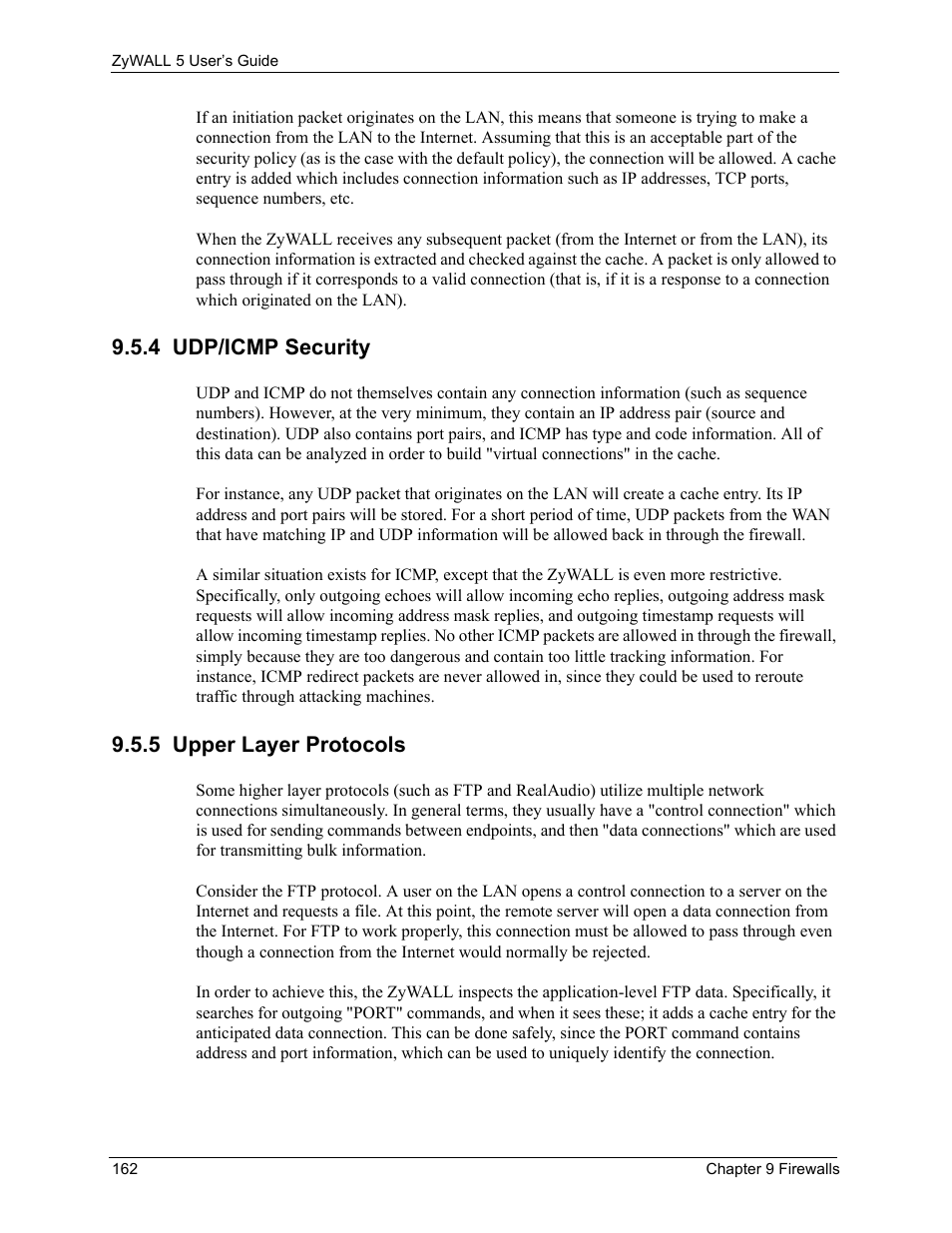 4 udp/icmp security, 5 upper layer protocols, 4 udp/icmp security 9.5.5 upper layer protocols | ZyXEL Communications ZyXEL ZyWALL 5 User Manual | Page 163 / 667