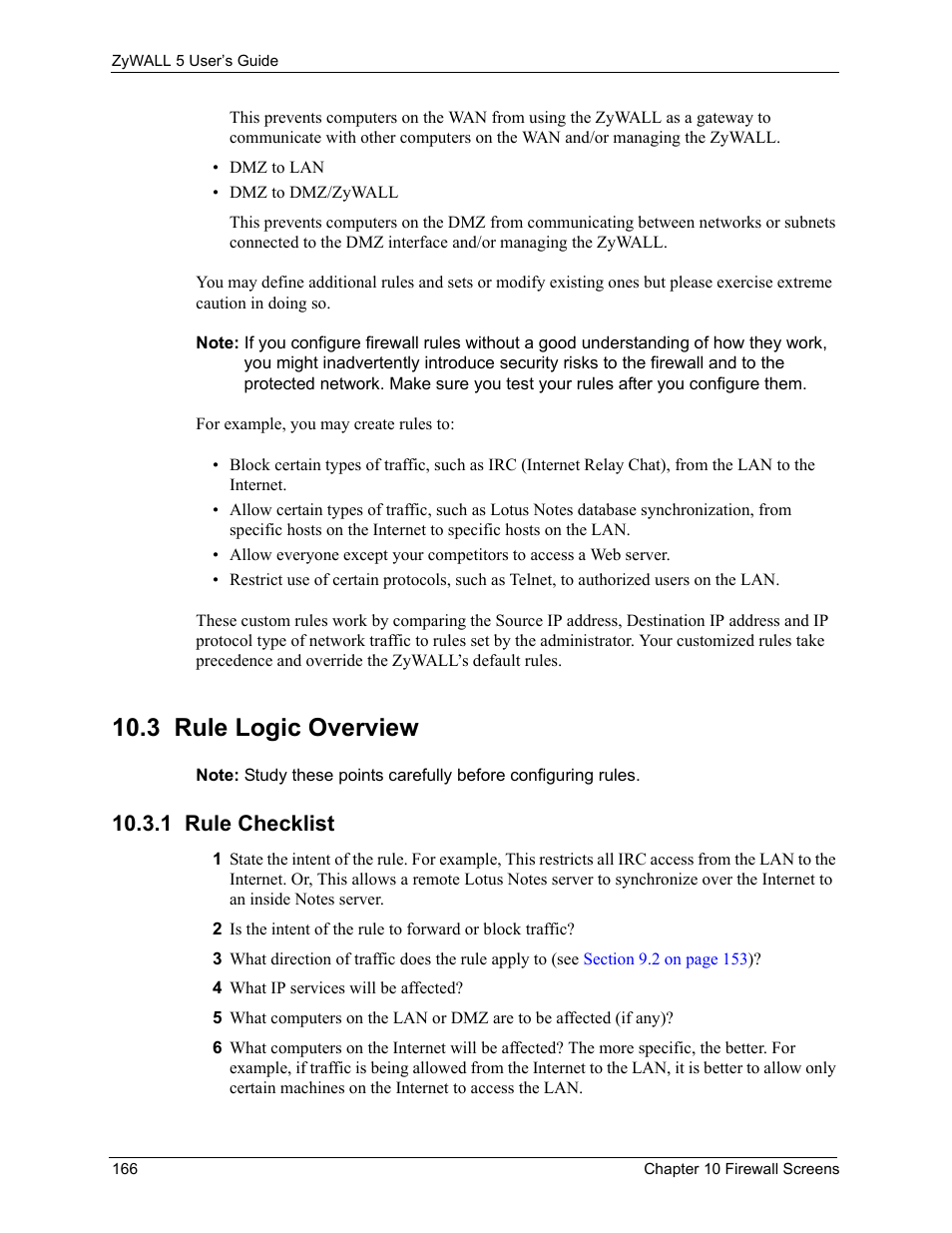 3 rule logic overview, 1 rule checklist | ZyXEL Communications ZyXEL ZyWALL 5 User Manual | Page 167 / 667
