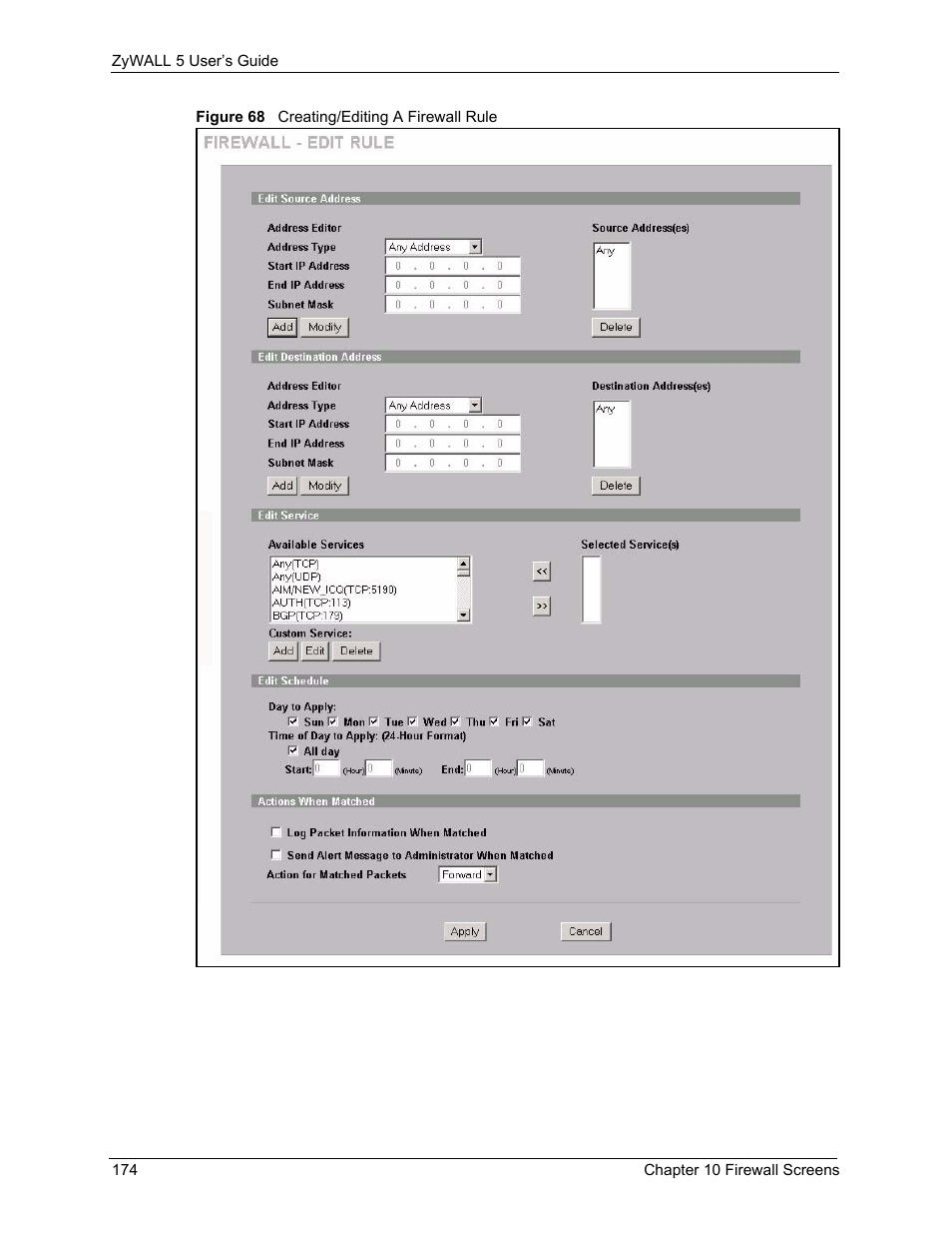 Figure 68 creating/editing a firewall rule, Figure 68 | ZyXEL Communications ZyXEL ZyWALL 5 User Manual | Page 175 / 667
