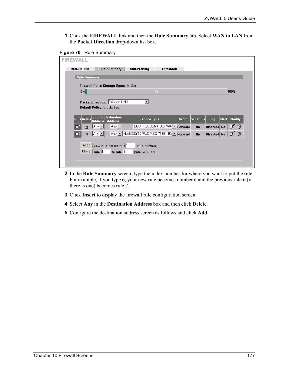 Figure 70 rule summary | ZyXEL Communications ZyXEL ZyWALL 5 User Manual | Page 178 / 667