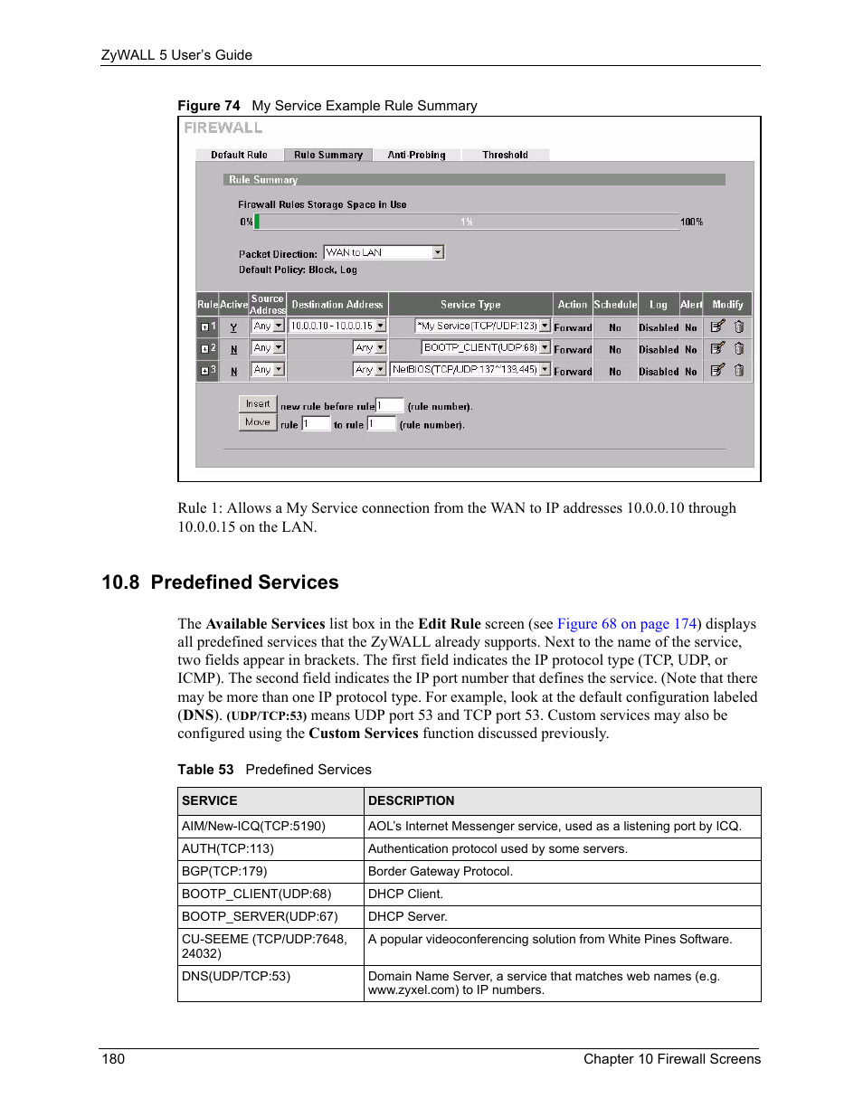 8 predefined services, Figure 74 my service example rule summary, Table 53 predefined services | ZyXEL Communications ZyXEL ZyWALL 5 User Manual | Page 181 / 667