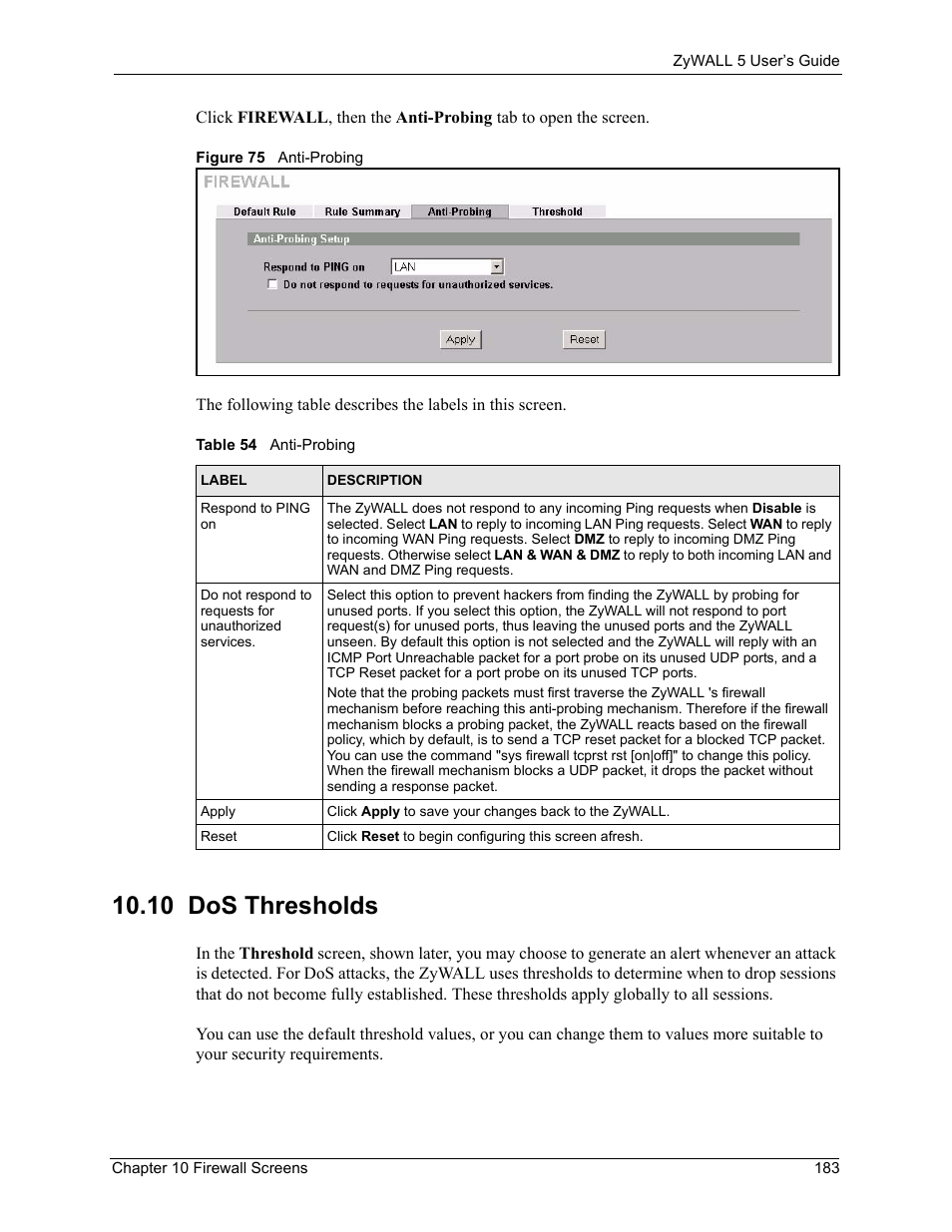 10 dos thresholds, Figure 75 anti-probing, Table 54 anti-probing | ZyXEL Communications ZyXEL ZyWALL 5 User Manual | Page 184 / 667