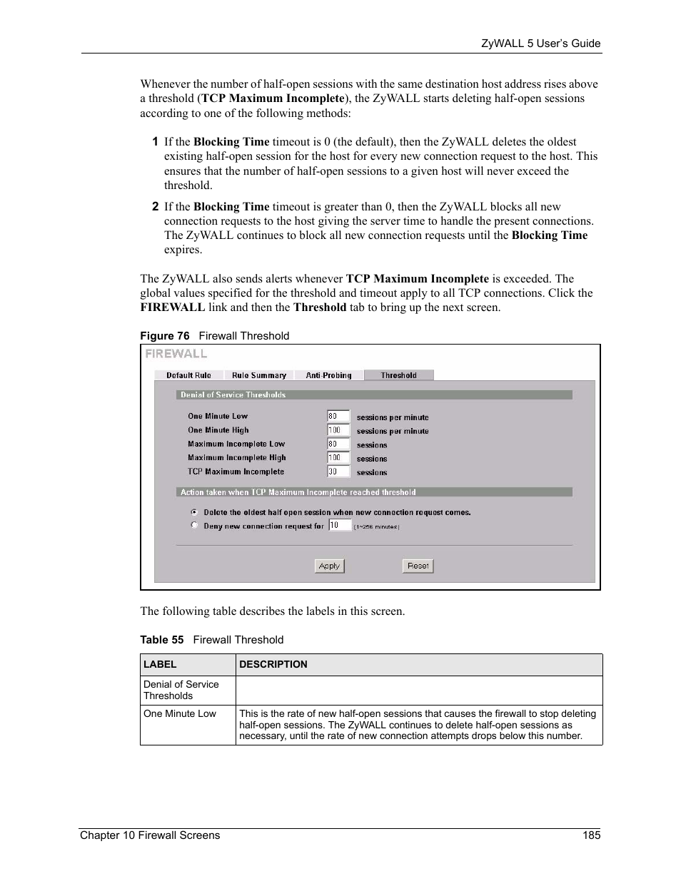 Figure 76 firewall threshold, Table 55 firewall threshold | ZyXEL Communications ZyXEL ZyWALL 5 User Manual | Page 186 / 667