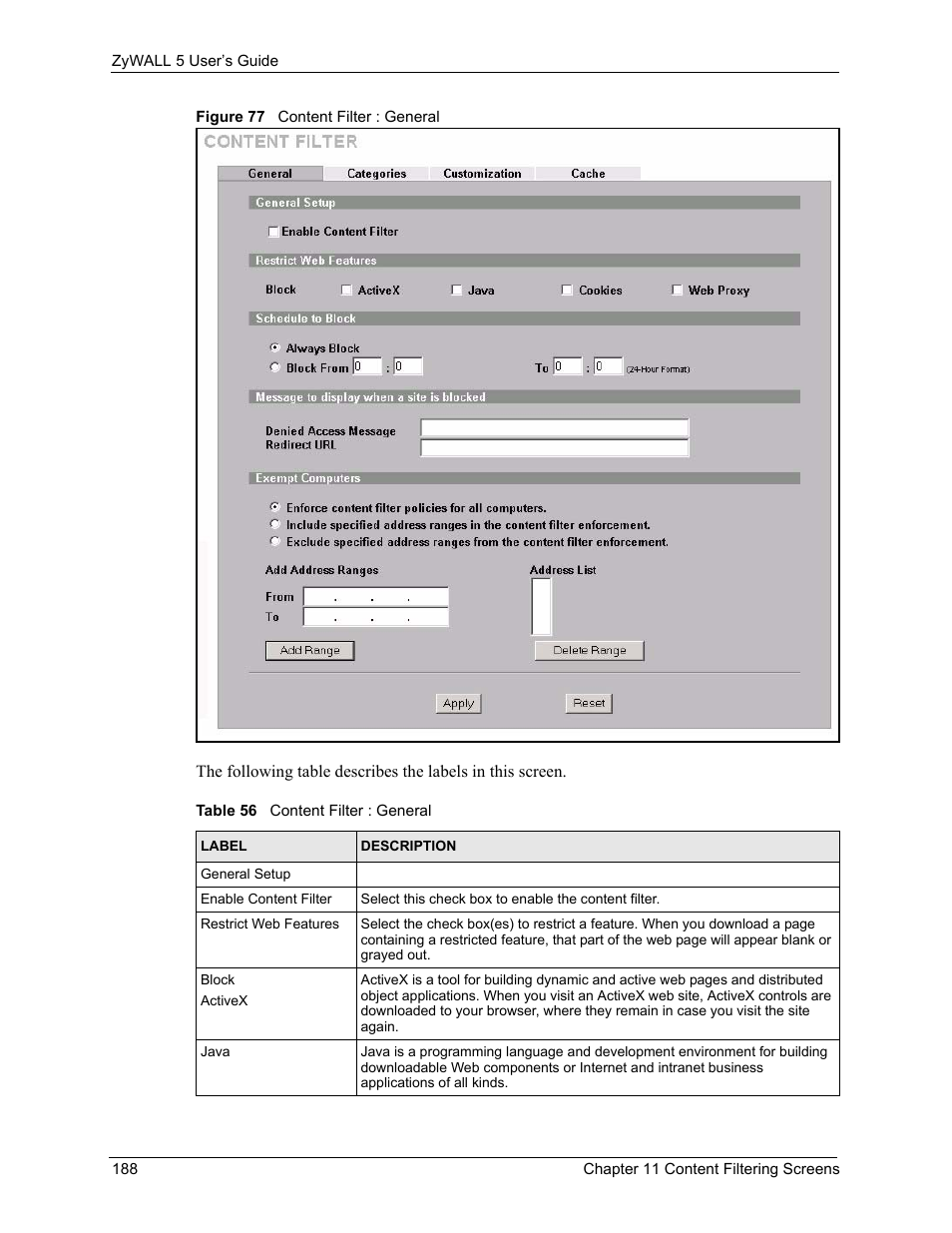 Figure 77 content filter : general, Table 56 content filter : general | ZyXEL Communications ZyXEL ZyWALL 5 User Manual | Page 189 / 667
