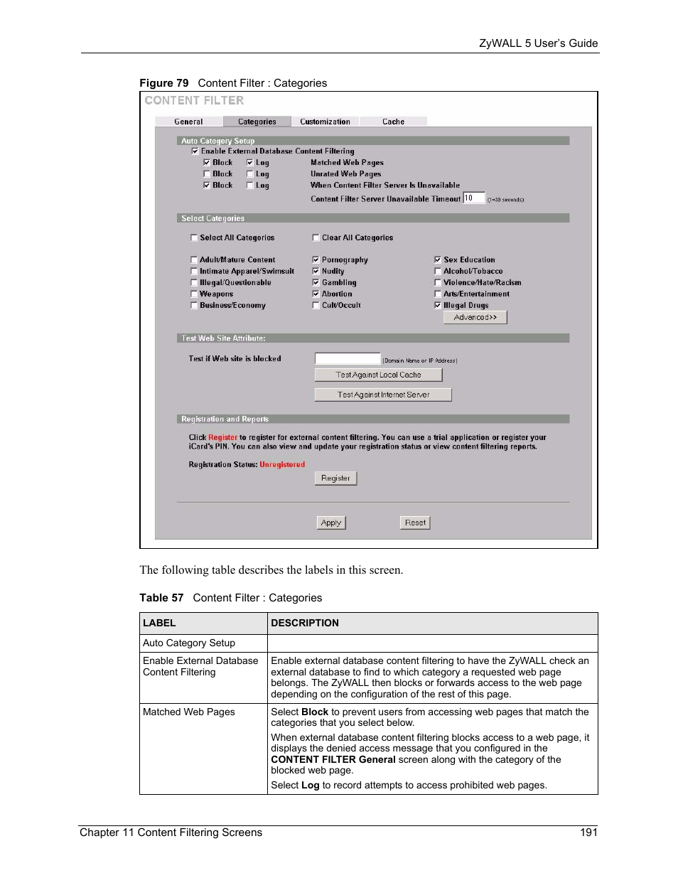Figure 79 content filter : categories, Table 57 content filter : categories | ZyXEL Communications ZyXEL ZyWALL 5 User Manual | Page 192 / 667