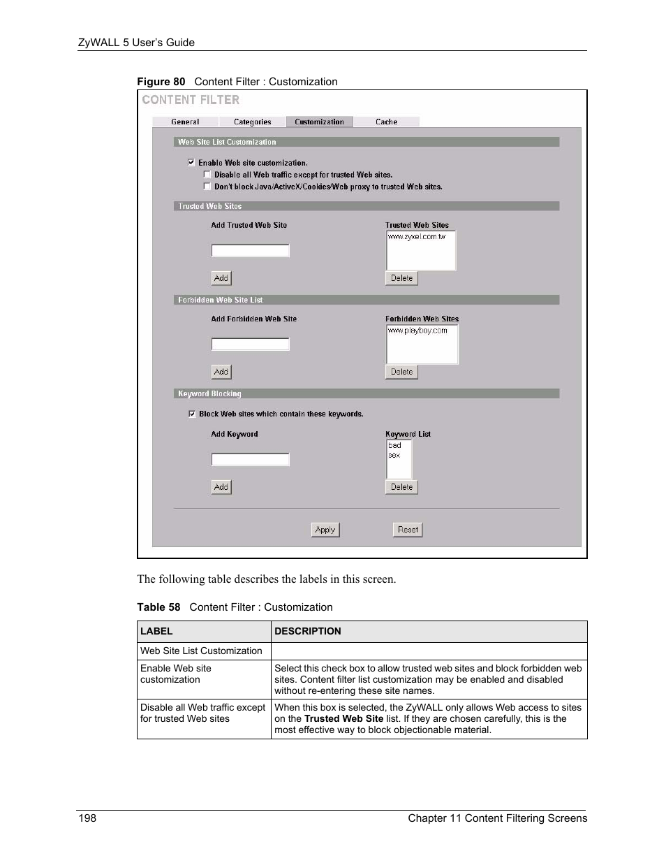 Figure 80 content filter : customization, Table 58 content filter : customization | ZyXEL Communications ZyXEL ZyWALL 5 User Manual | Page 199 / 667